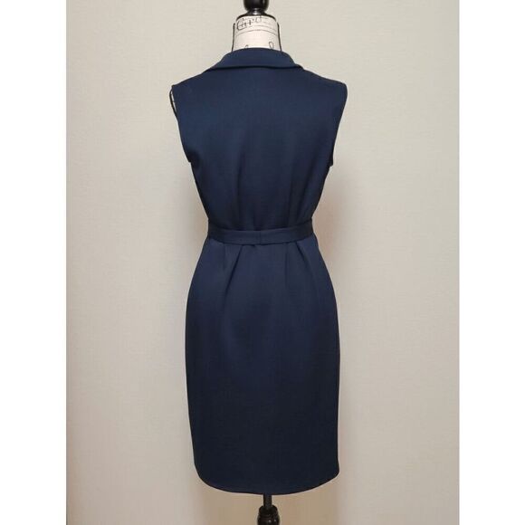 💙 EN FOCUS STUDIO Sleeveless Belted Moto Sheath Navy Blue Dress SIZE 8 - Picture 5 of 10